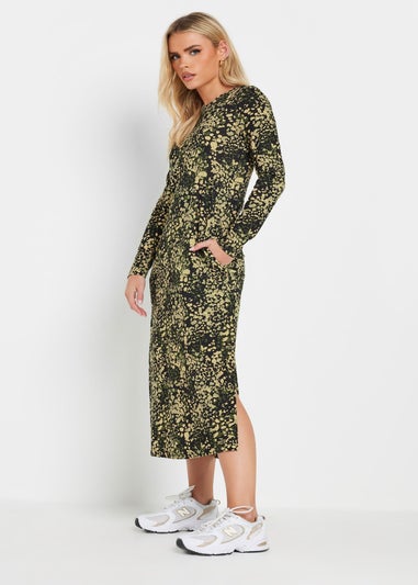 PixieGirl Petite Khaki Green Abstract Animal Long Sleeve T-Shirt Dress