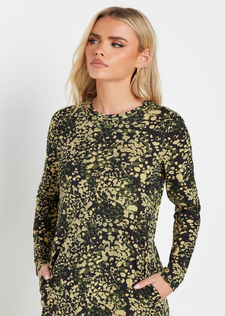 PixieGirl Petite Khaki Green Abstract Animal Long Sleeve T-Shirt Dress
