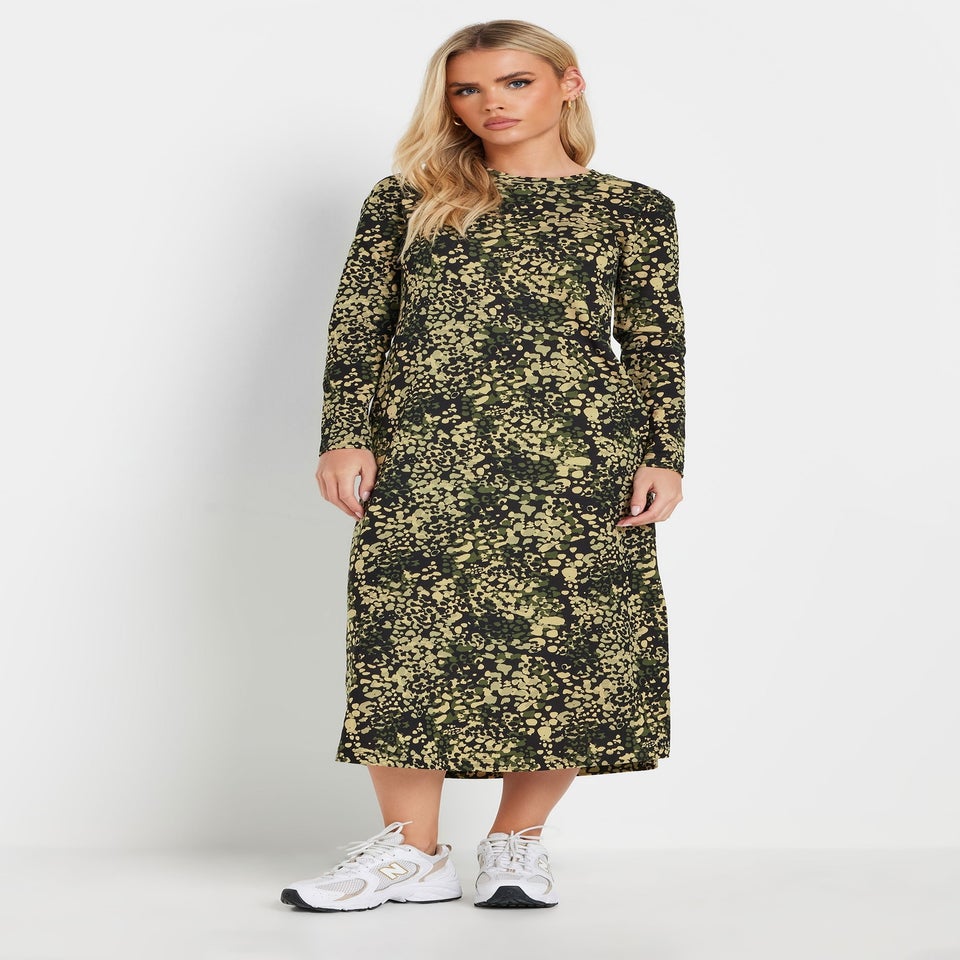 PixieGirl Petite Khaki Green Abstract Animal Long Sleeve T-Shirt Dress