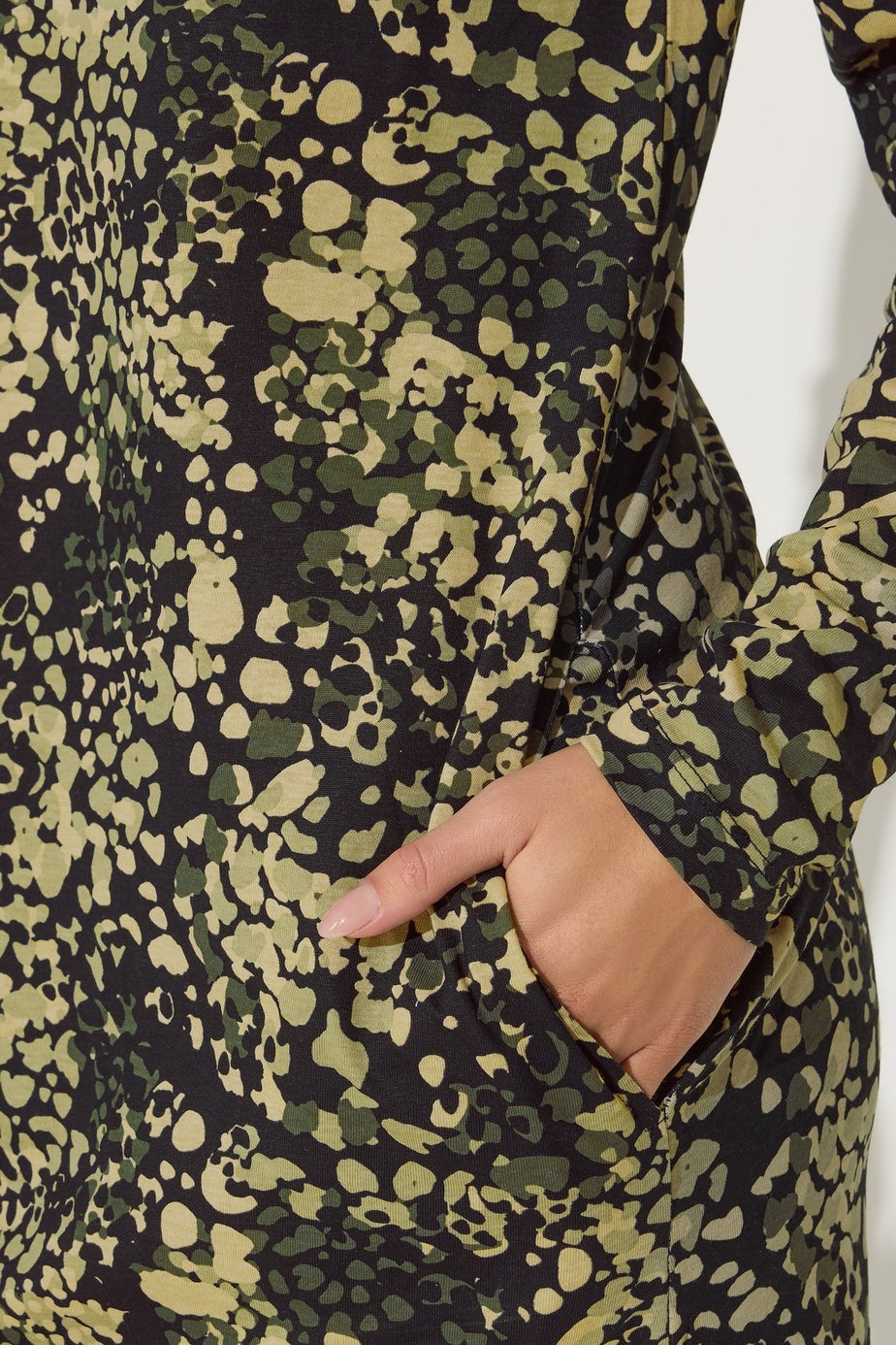 PixieGirl Petite Khaki Green Abstract Animal Long Sleeve T-Shirt Dress