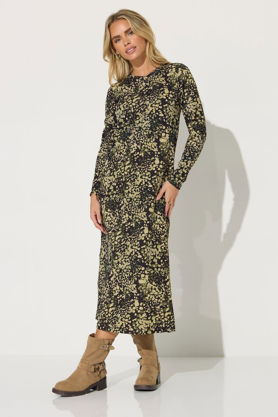 PixieGirl Petite Khaki Green Abstract Animal Long Sleeve T-Shirt Dress