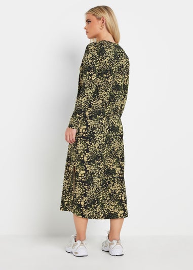 PixieGirl Petite Khaki Green Abstract Animal Long Sleeve T-Shirt Dress