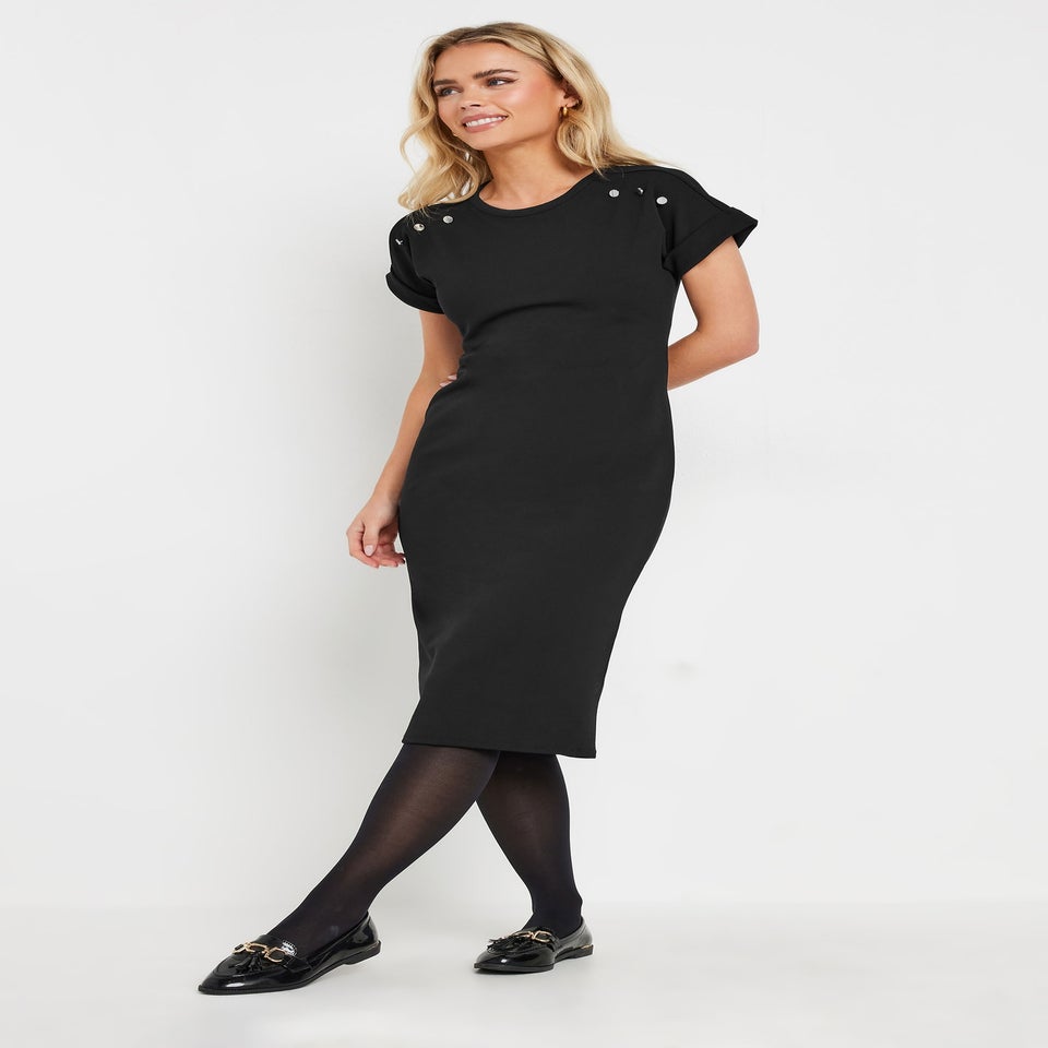 PixieGirl Petite Black Scuba Button Midi Dress