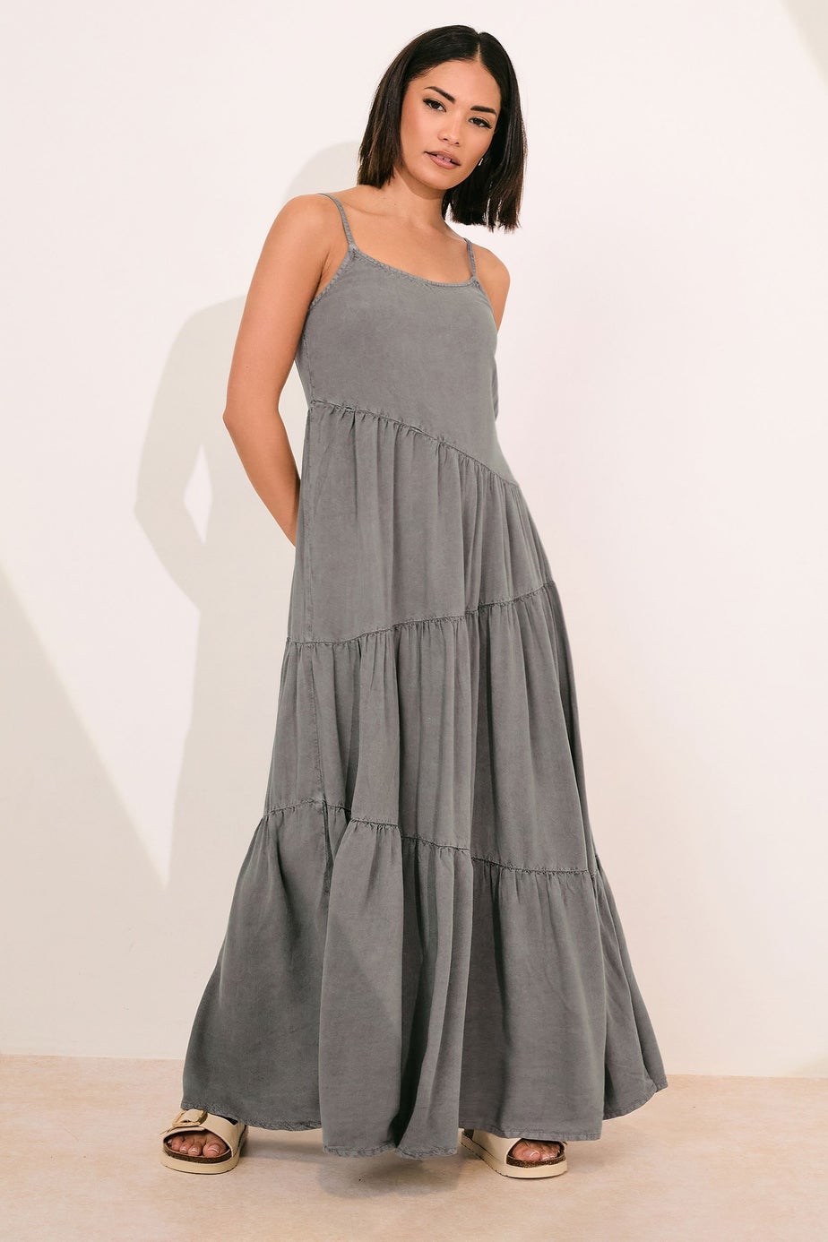 PixieGirl Petite Grey Acid Wash Asymmetric Tiered Maxi Dress
