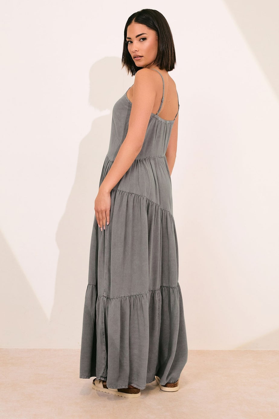 PixieGirl Petite Grey Acid Wash Asymmetric Tiered Maxi Dress