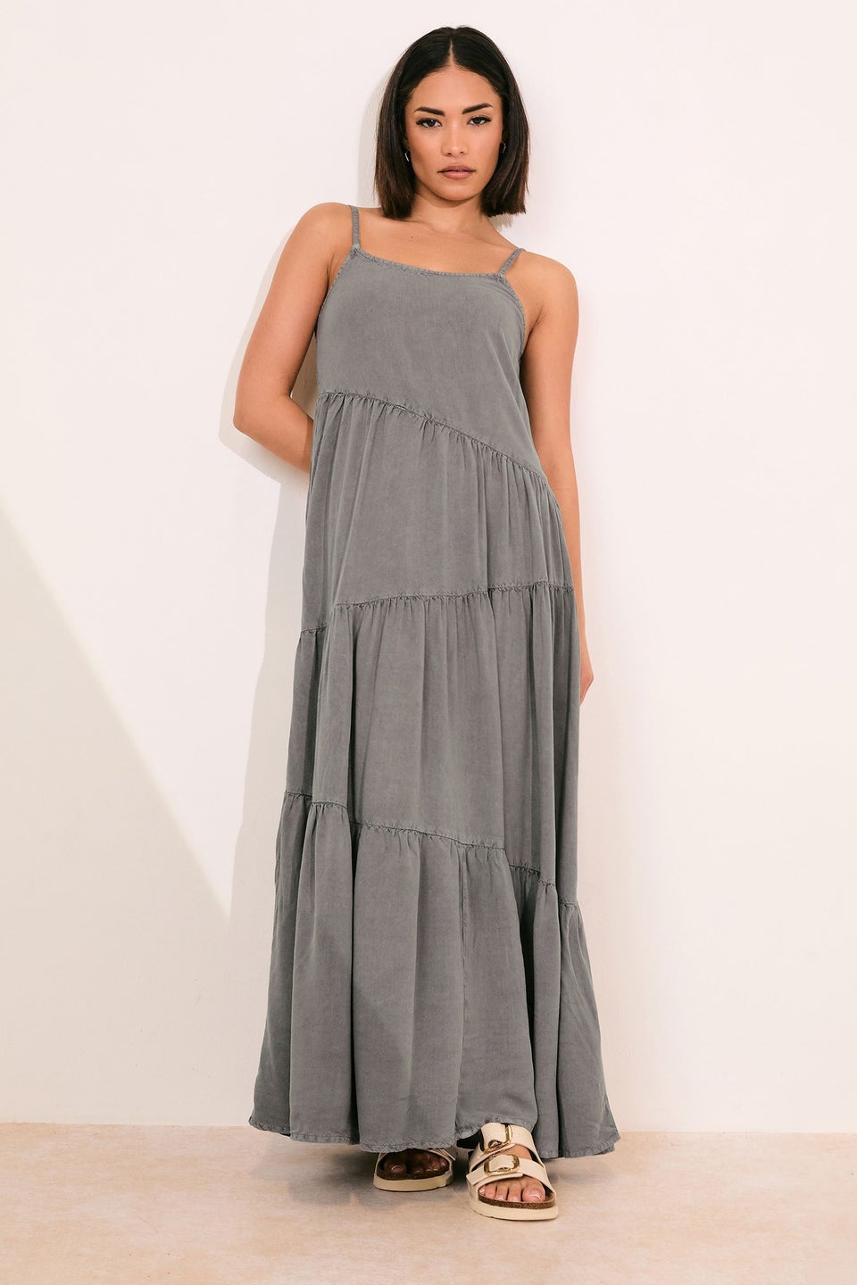 PixieGirl Petite Grey Acid Wash Asymmetric Tiered Maxi Dress