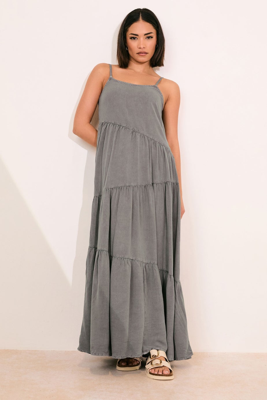 PixieGirl Petite Grey Acid Wash Asymmetric Tiered Maxi Dress