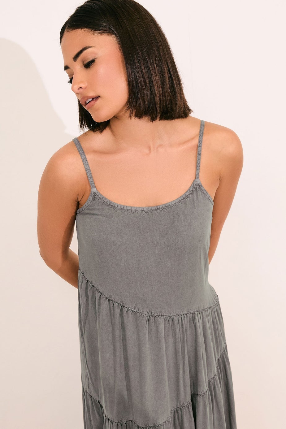 PixieGirl Petite Grey Acid Wash Asymmetric Tiered Maxi Dress