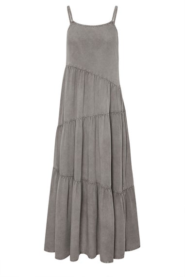 PixieGirl Petite Grey Acid Wash Asymmetric Tiered Maxi Dress