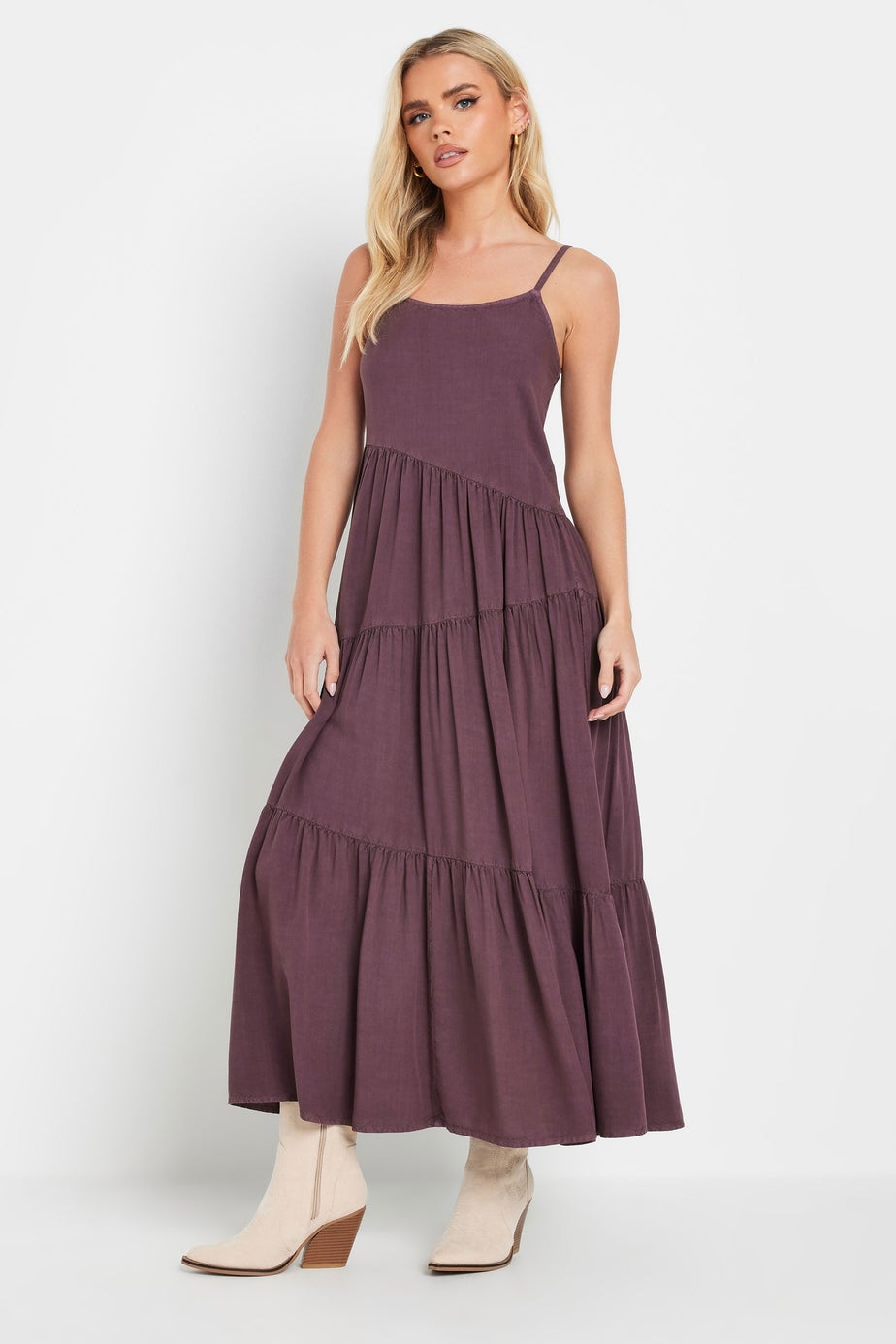 PixieGirl Petite Burgundy Red Acid Wash Asymmetric Tiered Maxi Dress