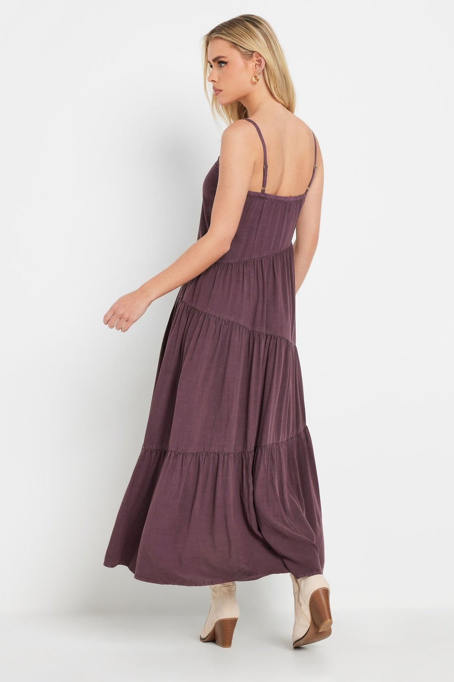 PixieGirl Petite Burgundy Red Acid Wash Asymmetric Tiered Maxi Dress