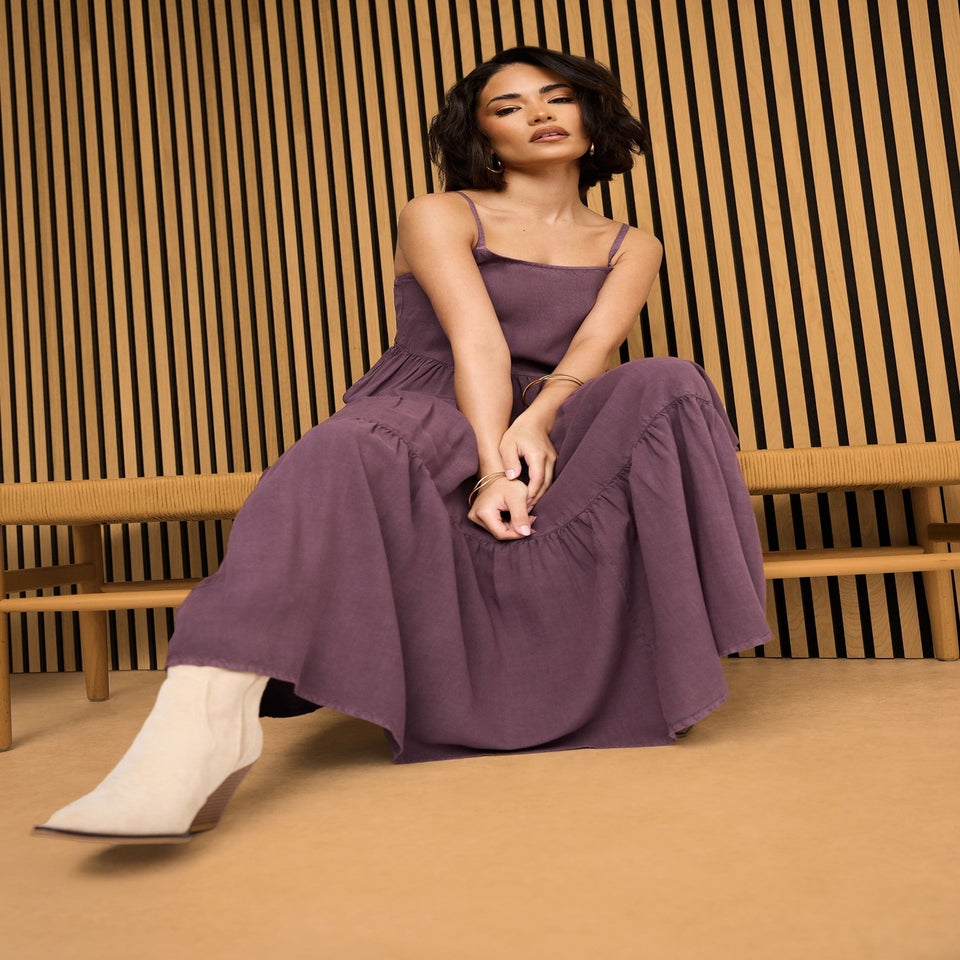 PixieGirl Petite Burgundy Red Acid Wash Asymmetric Tiered Maxi Dress