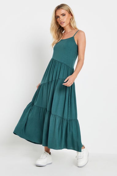 PixieGirl Petite Teal Green Acid Wash Asymmetric Tiered Maxi Dress