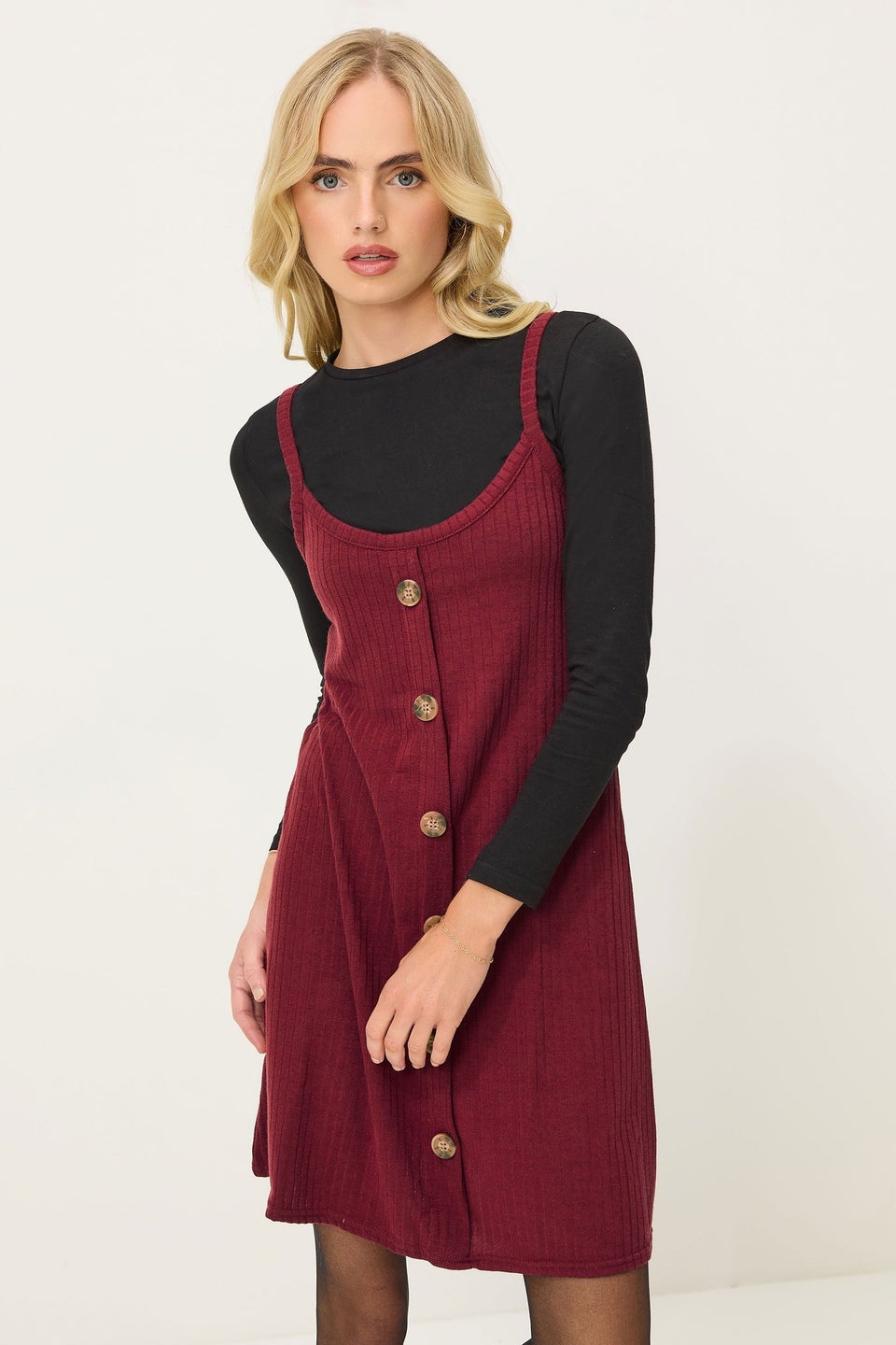 PixieGirl Petite Burgundy Red Ribbed Button Mini Dress