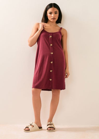 PixieGirl Petite Burgundy Red Ribbed Button Mini Dress