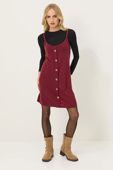 PixieGirl Petite Burgundy Red Ribbed Button Mini Dress