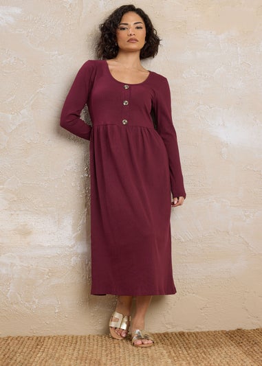 PixieGirl Petite Burgundy Red Ribbed Button Midaxi Dress
