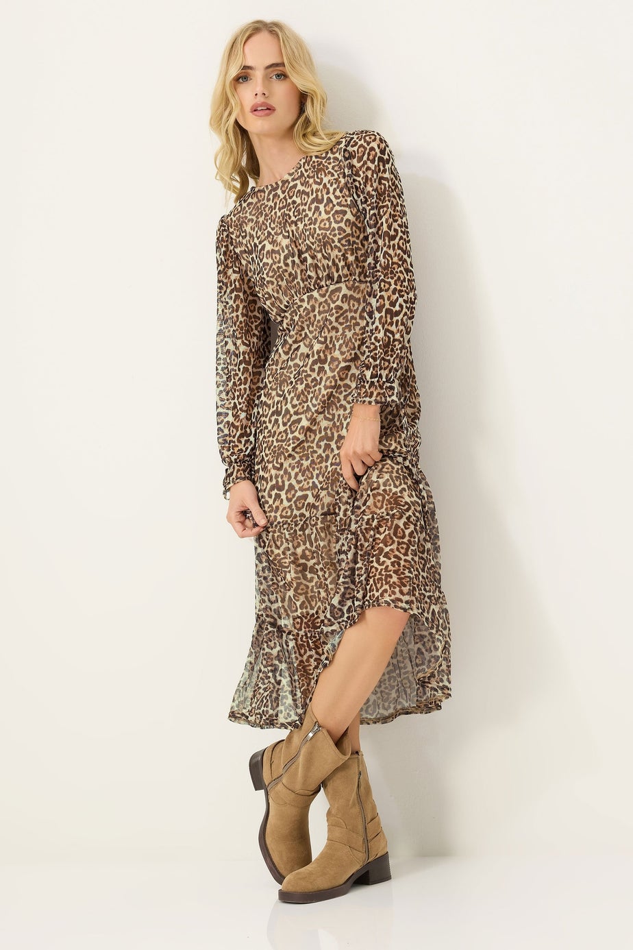 PixieGirl Petite Beige Brown Leopard Print Mesh Tiered Dress