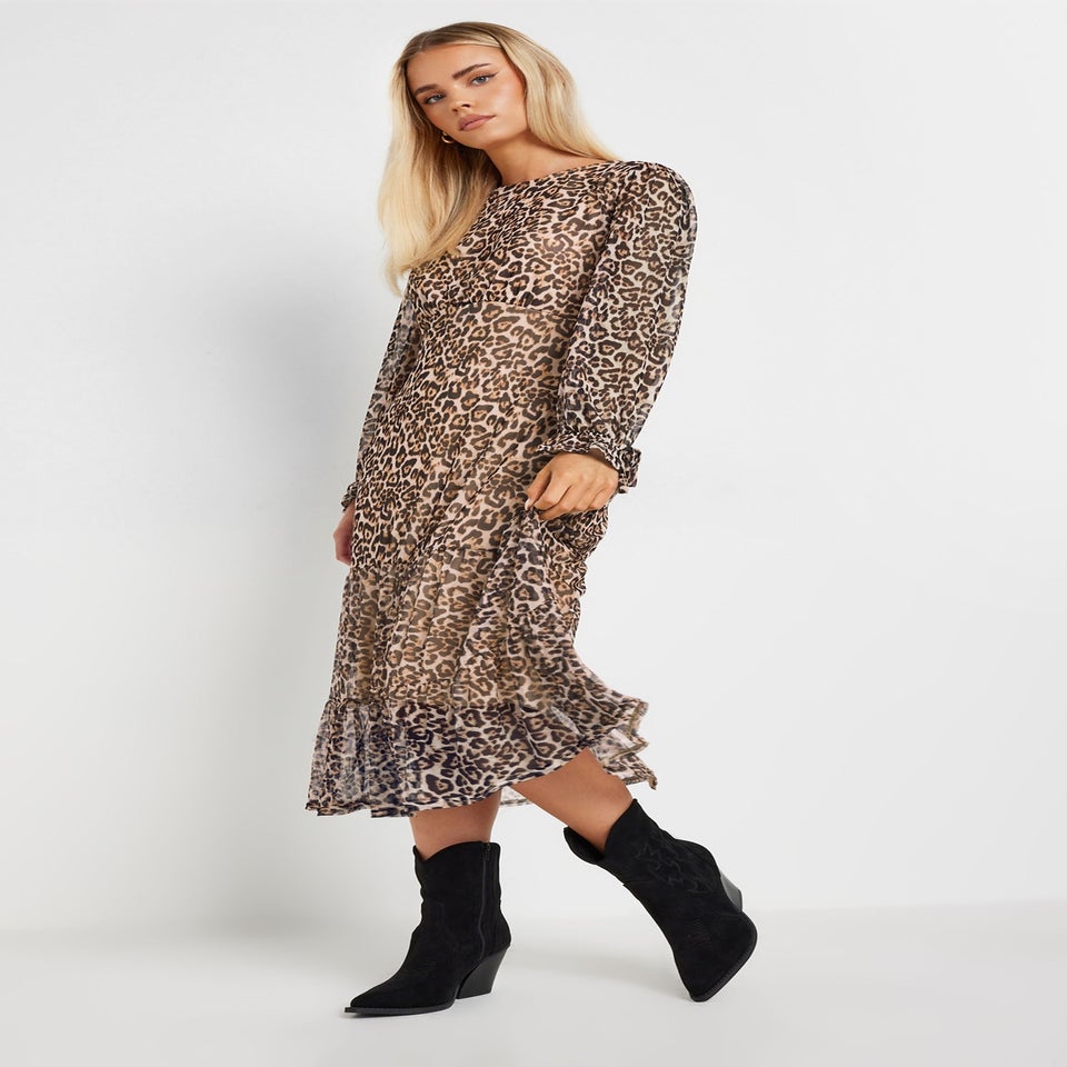 PixieGirl Petite Beige Brown Leopard Print Mesh Tiered Dress