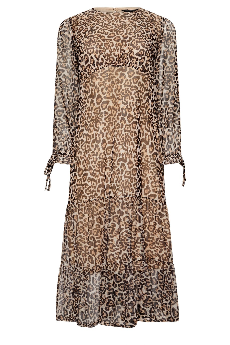 PixieGirl Petite Beige Brown Leopard Print Mesh Tiered Dress