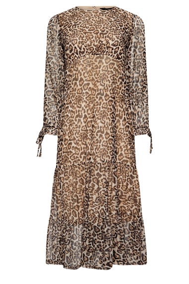 PixieGirl Petite Beige Brown Leopard Print Mesh Tiered Dress