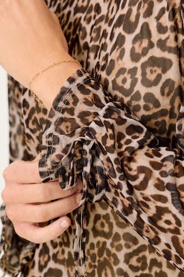 PixieGirl Petite Beige Brown Leopard Print Mesh Tiered Dress