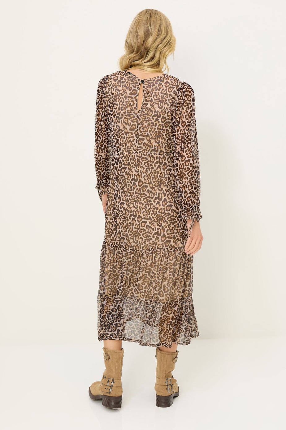 PixieGirl Petite Beige Brown Leopard Print Mesh Tiered Dress