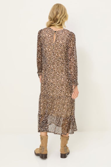 PixieGirl Petite Beige Brown Leopard Print Mesh Tiered Dress
