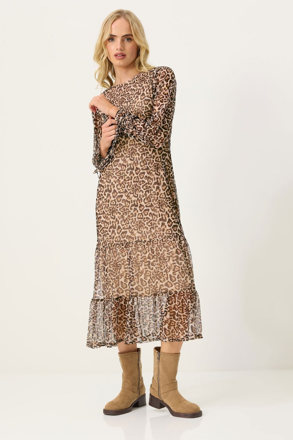 PixieGirl Petite Beige Brown Leopard Print Mesh Tiered Dress