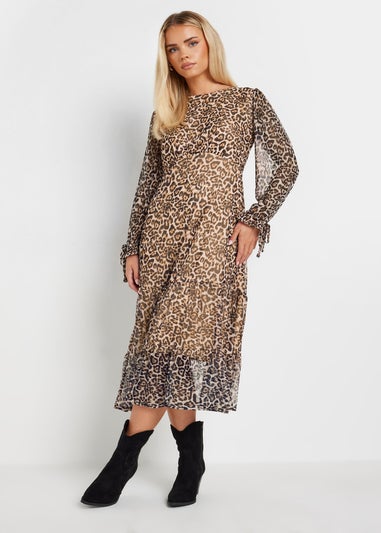 PixieGirl Petite Beige Brown Leopard Print Mesh Tiered Dress