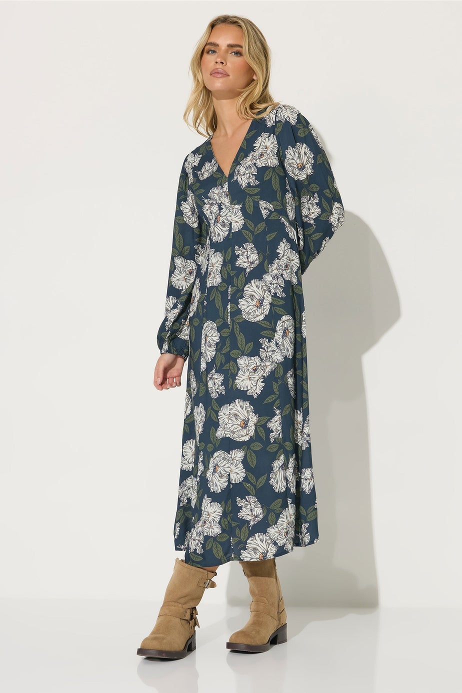 PixieGirl Petite Navy Blue Floral Midi Tea Dress