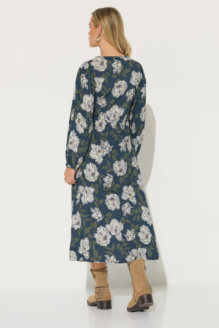 PixieGirl Petite Navy Blue Floral Midi Tea Dress