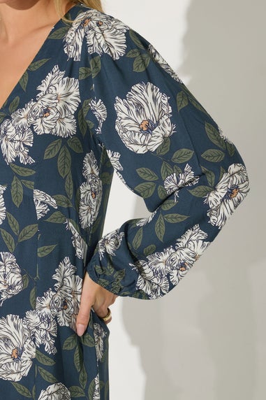 PixieGirl Petite Navy Blue Floral Midi Tea Dress