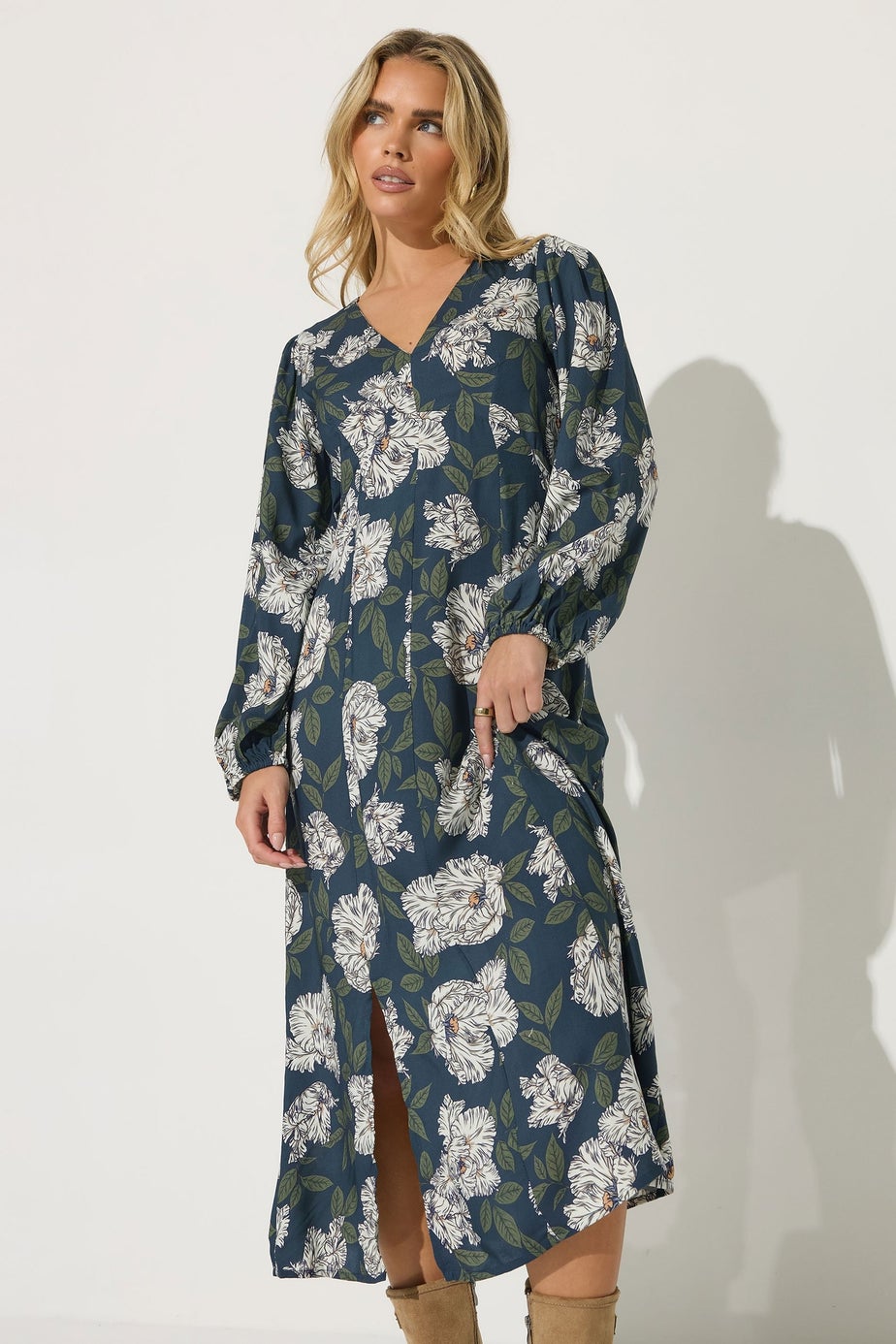 PixieGirl Petite Navy Blue Floral Midi Tea Dress