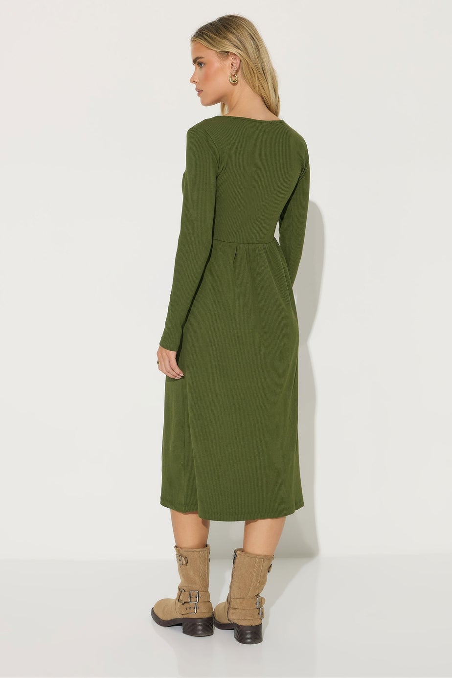 PixieGirl Petite Khaki Green Ribbed Button Midaxi Dress