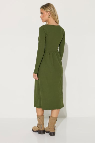 PixieGirl Petite Khaki Green Ribbed Button Midaxi Dress