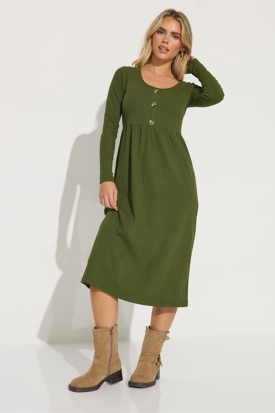 PixieGirl Petite Khaki Green Ribbed Button Midaxi Dress