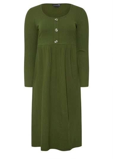 PixieGirl Petite Khaki Green Ribbed Button Midaxi Dress