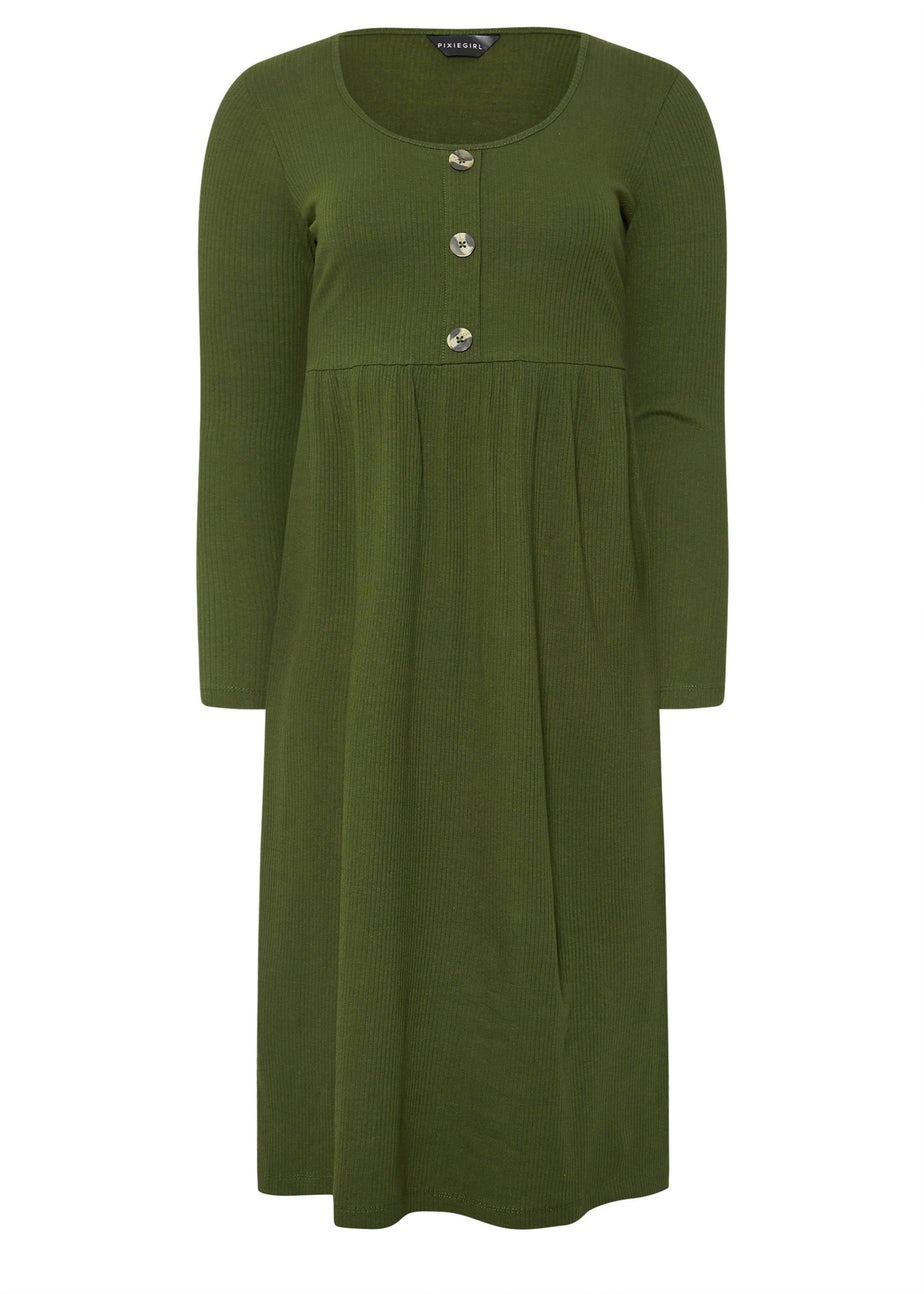 PixieGirl Petite Khaki Green Ribbed Button Midaxi Dress