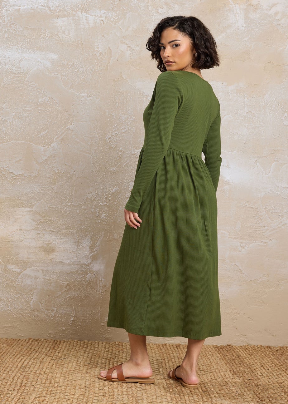 PixieGirl Petite Khaki Green Ribbed Button Midaxi Dress