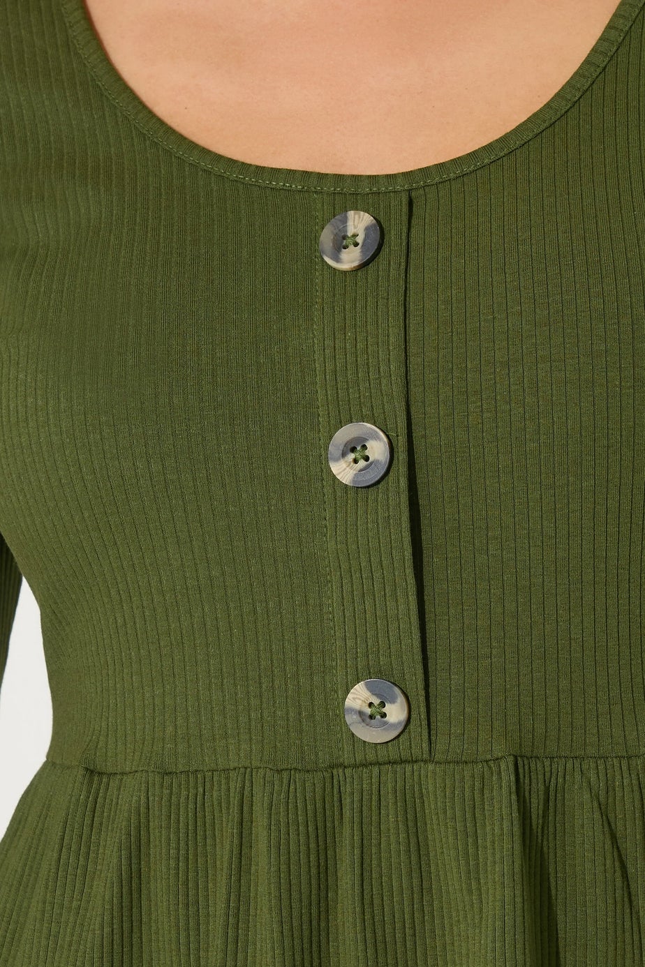 PixieGirl Petite Khaki Green Ribbed Button Midaxi Dress