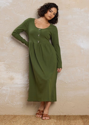 PixieGirl Petite Khaki Green Ribbed Button Midaxi Dress