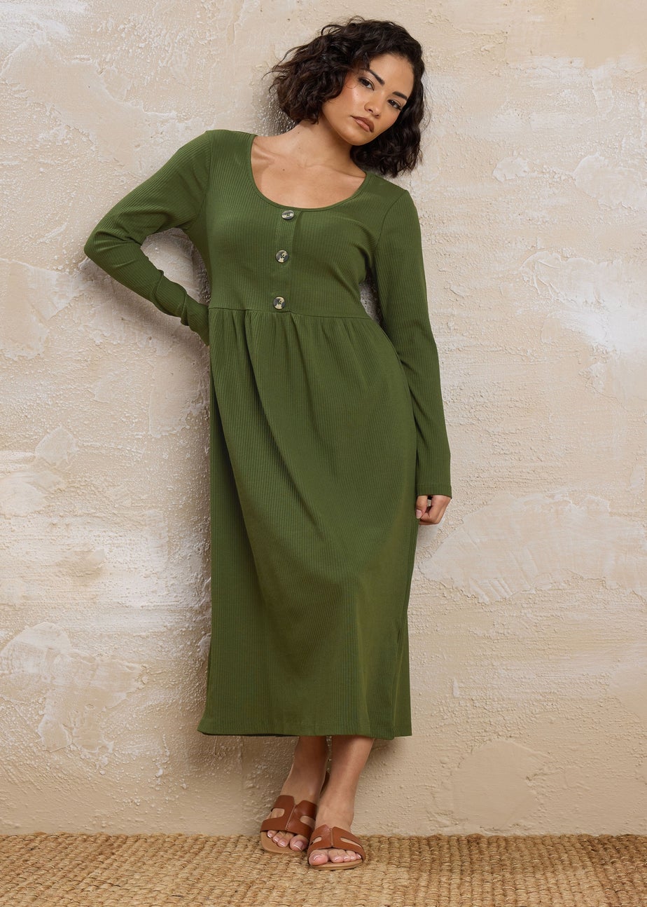 PixieGirl Petite Khaki Green Ribbed Button Midaxi Dress