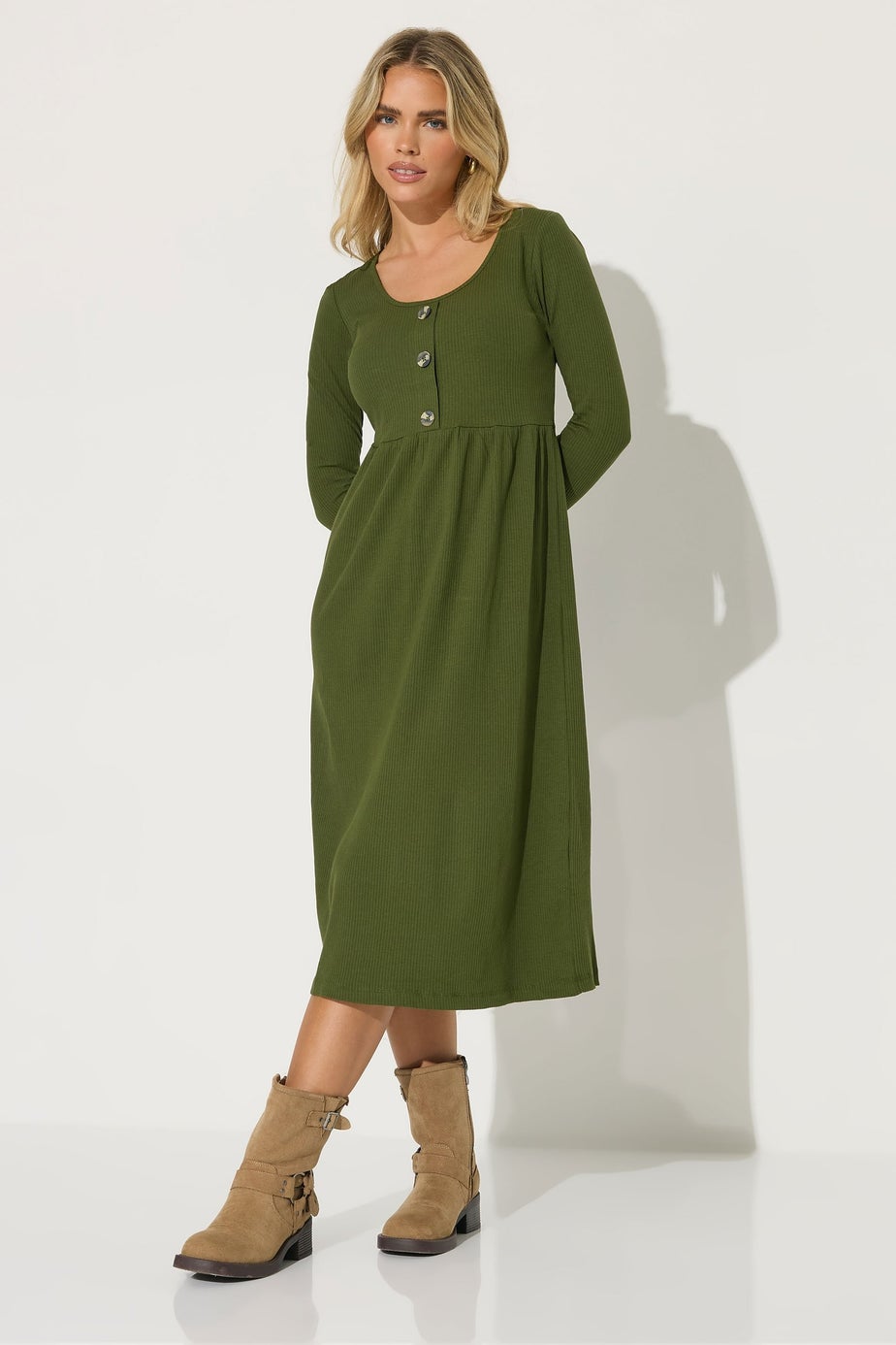 PixieGirl Petite Khaki Green Ribbed Button Midaxi Dress