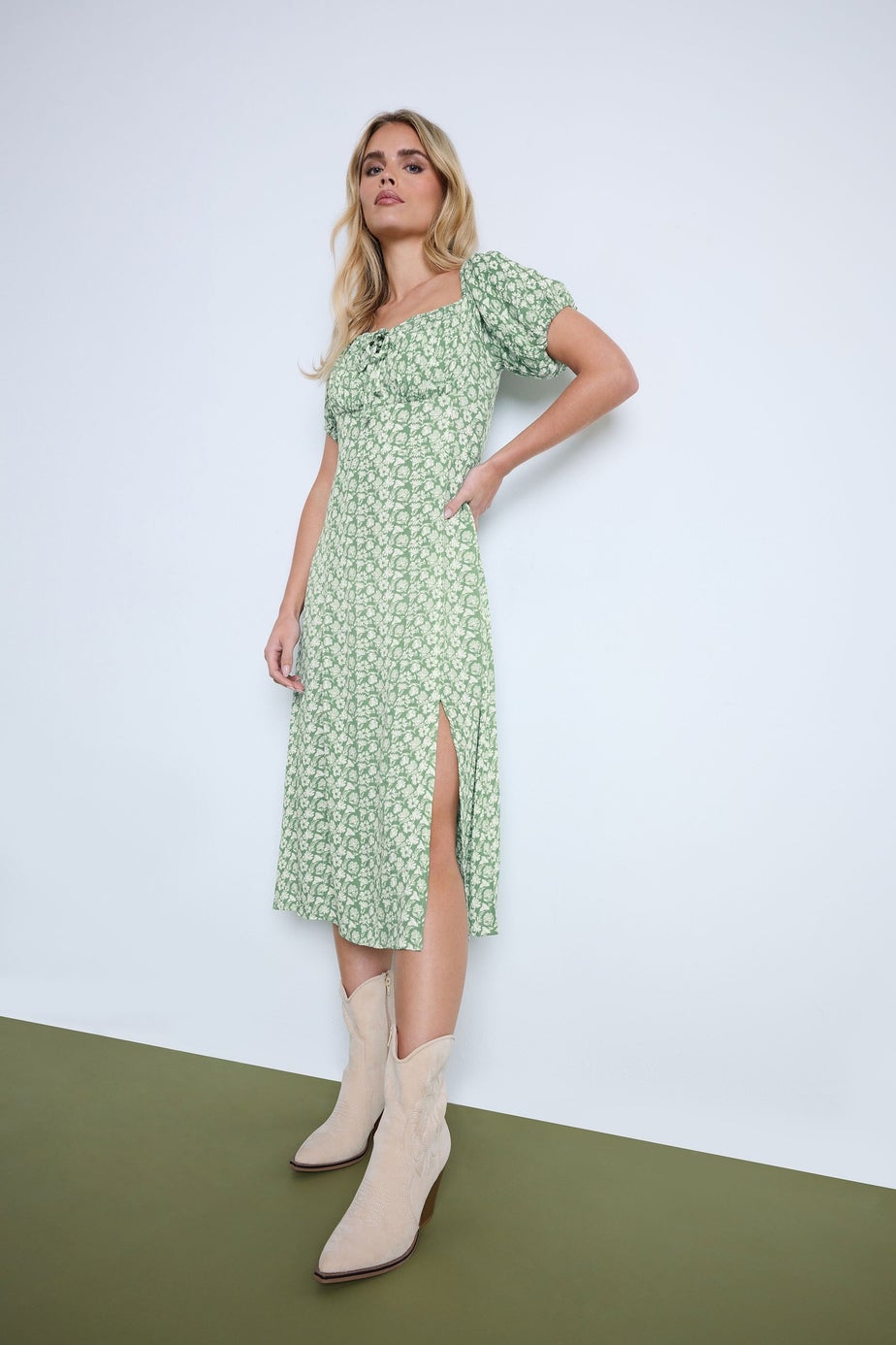 PixieGirl Petite Mint Green Floral Tie Front Midi Dress