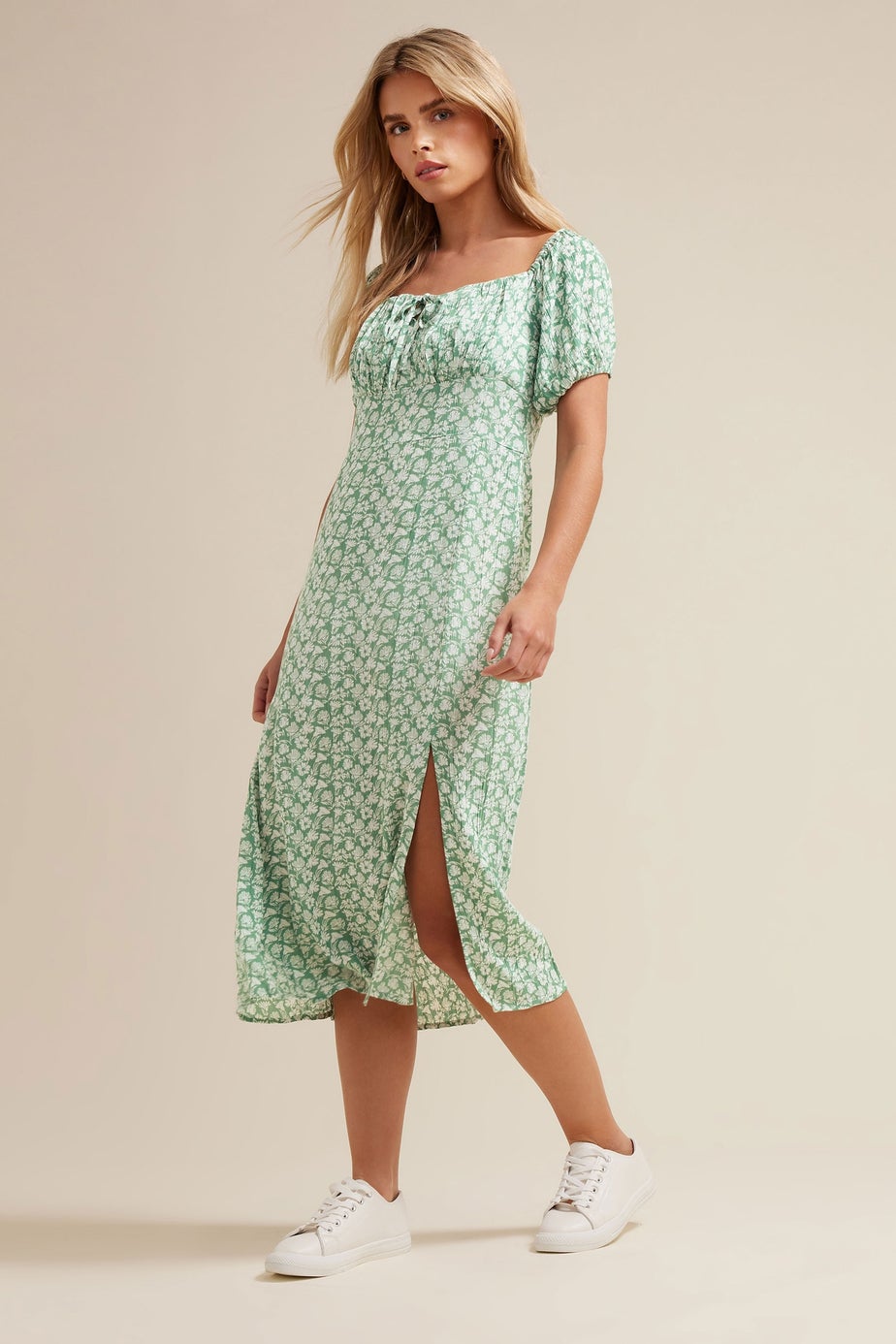 PixieGirl Petite Mint Green Floral Tie Front Midi Dress
