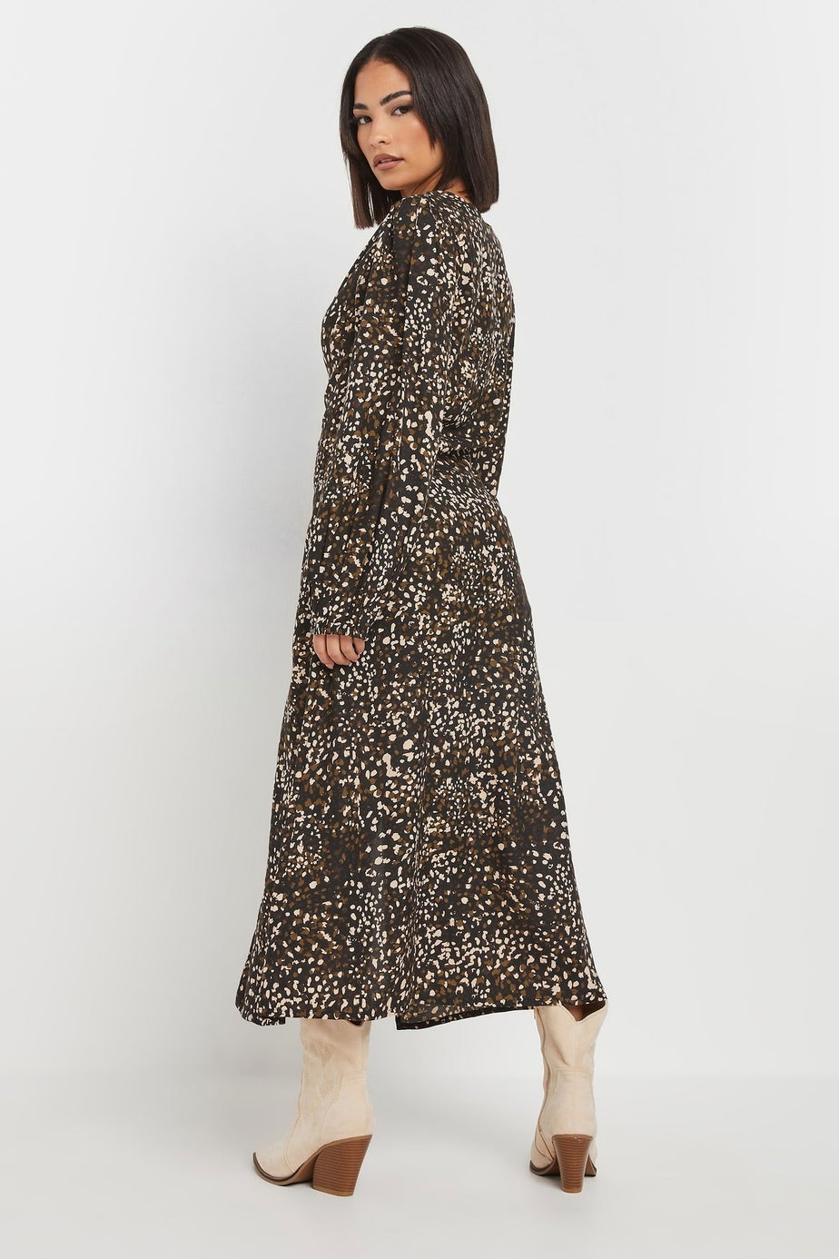 PixieGirl Petite Brown Abstract Spot Midi Tea Dress