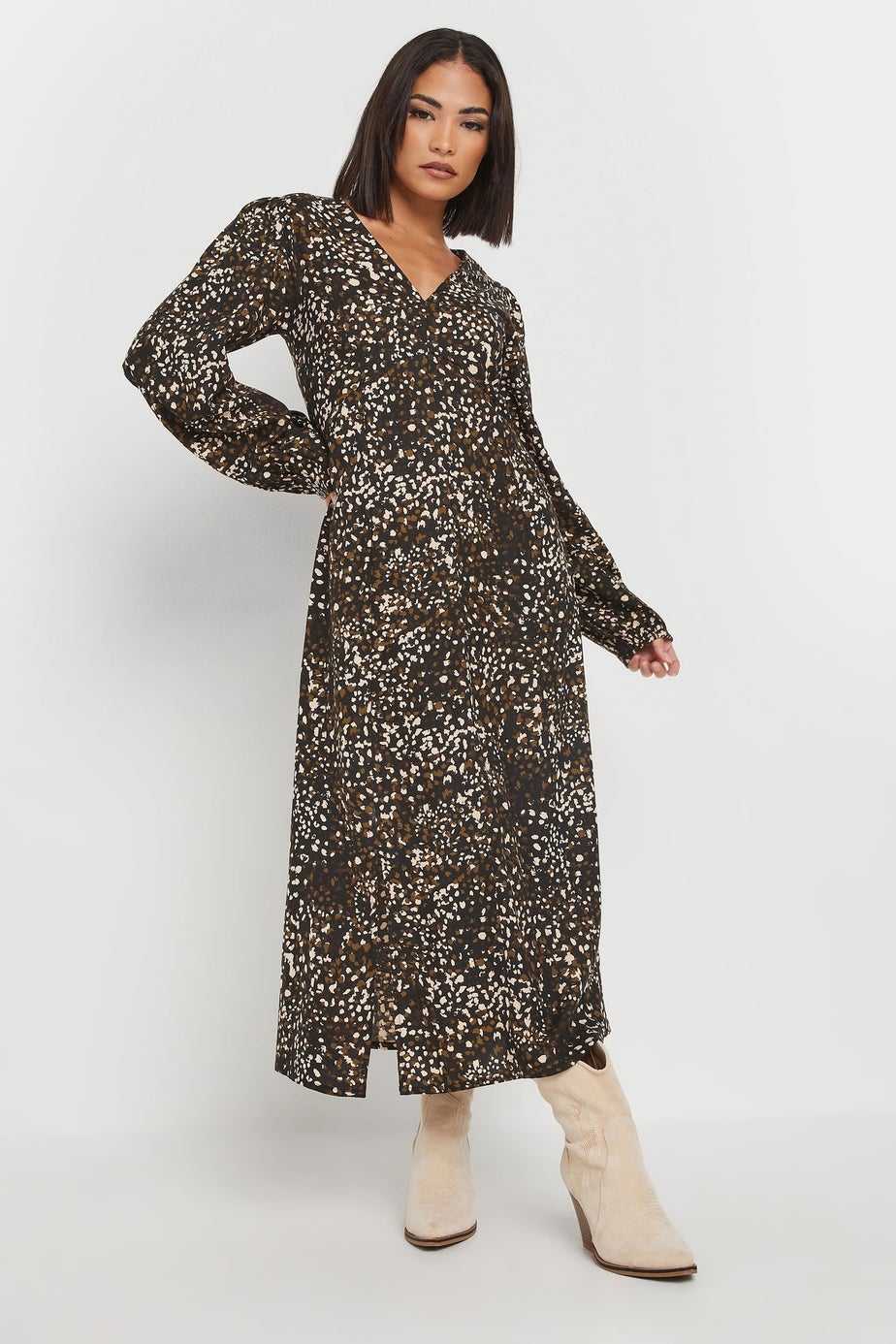 PixieGirl Petite Brown Abstract Spot Midi Tea Dress