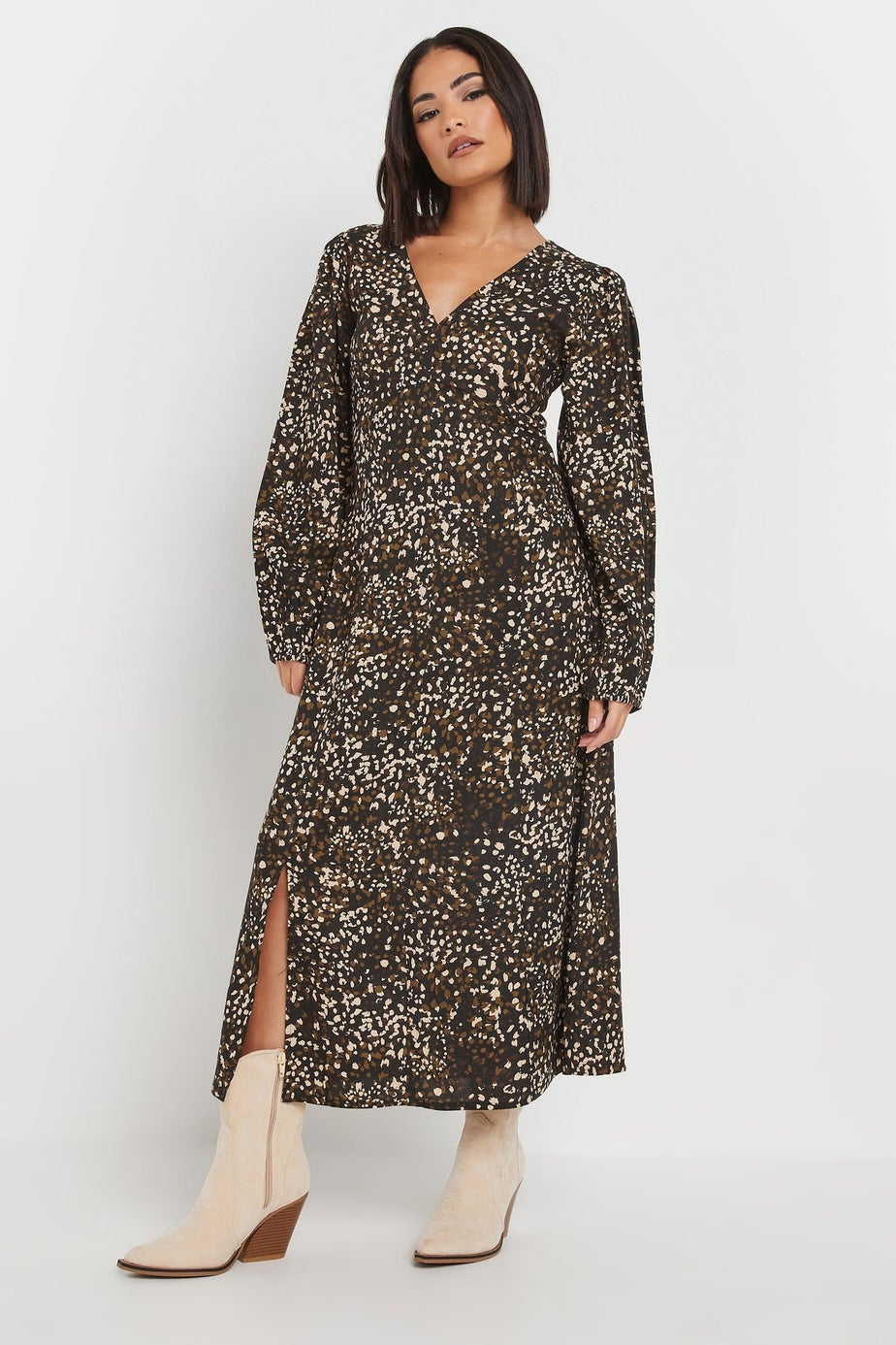 PixieGirl Petite Brown Abstract Spot Midi Tea Dress
