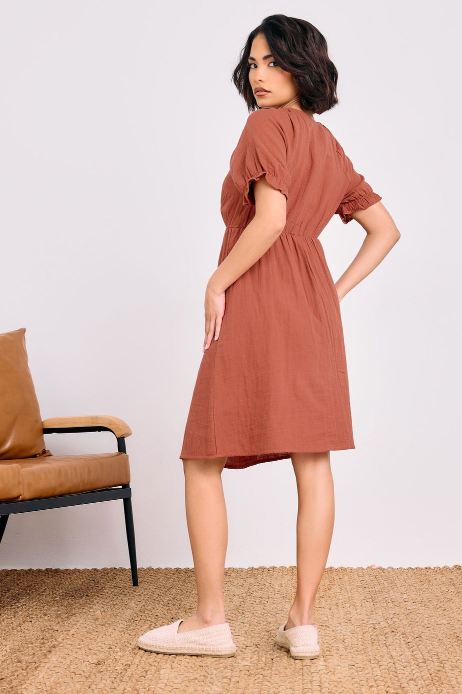 PixieGirl Petite Rust Orange Tie Front Mini Dress